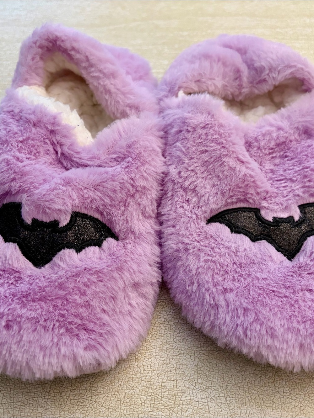 Target Plush Lavender Fuzzy Slippers with Black Bat Accent